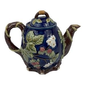 Signed Vintage Blue w/Fruits & Flowers and Vines Ceramic Teapot Wuhan, China